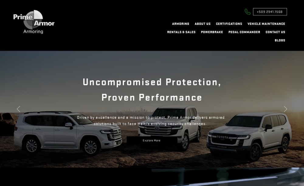 Prime Armor Armoring homepage — armored Toyota Land Cruisers at dusk