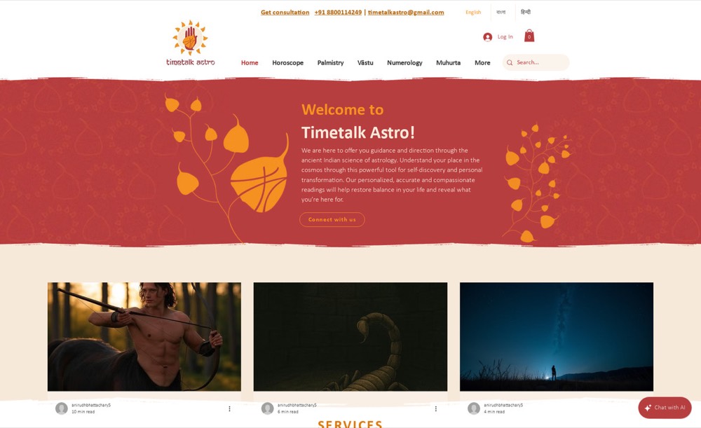 Timetalk Astro homepage — astrology consultancy in red and gold